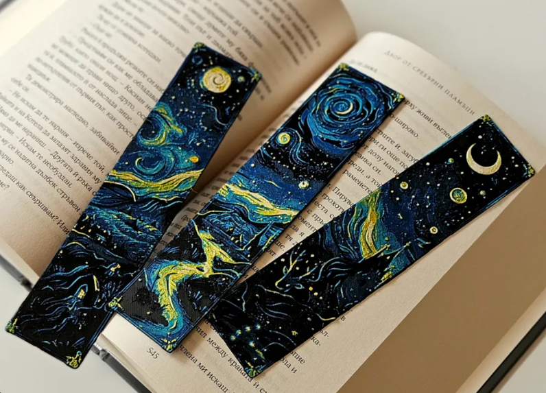 Three detailed 3D-printed bookmarks arranged on an open book